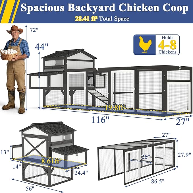 116" Large Chicken Coop with Run, Wooden Hen House Outdoor Poultry Cage 28.41 ft² for 4–6 Chickens, 4 Nesting Boxes, 4 Perches, Easy-Clean Slide Out Tray, Expandable Backyard Coop