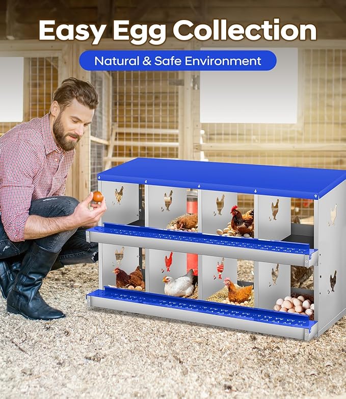 Easy Egg Collection, Durable Blue Design - Metal Chicken Nesting Box for Small Animals - 8 Compartments, Wall Mounted, No Legs, Ideal Poultry Coop Accessory - Blue, 8 Compartments, No Legs