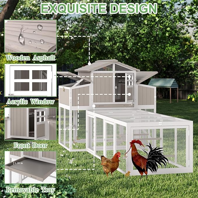 115.36"L 2-Story Chicken Coop with Extra Large Run Cage,Chicken House Hen House with 2 Large Nesting Boxes,Expandable Poultry Cage for 4-6 Hens with 6 Perching Bars,Pull-out Tray,Ramps(Grey)