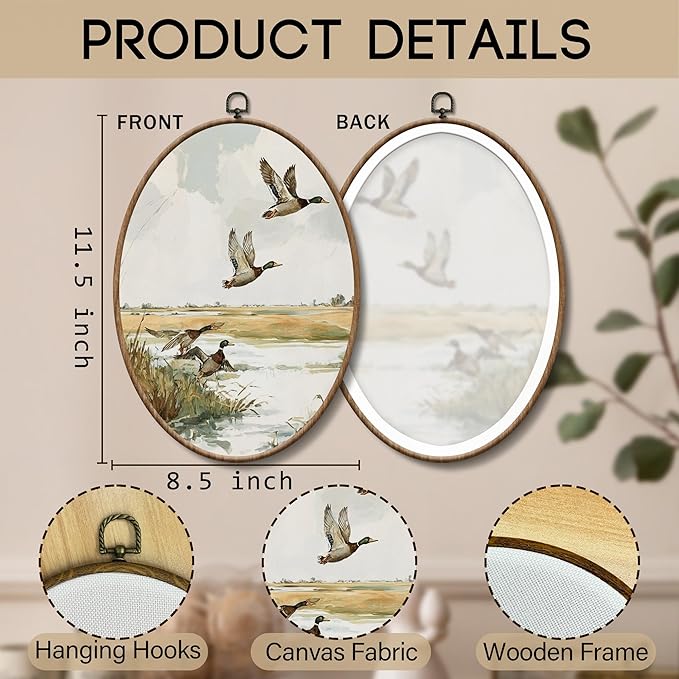 Yorhifa Vintage Mallard Duck Framed Wall Art, Cottagecore Country Duck Landscape Oval Wall Art, Rustic Cabin Farm Animal Oval Walls Decor, Farmhouse Marshland Canvas Artwork Hanging Decor, 8.5x11.5in