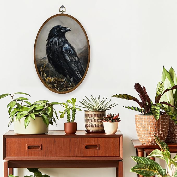WULQYING Vintage Halloween Crow Wall Art Decor, Gothic Moody Bird Oval Framed Canvas Art Prints, Dark Academia Cottagecore Raven Wall Hanging Decor for Home Bedroom Living Room, 8.6x11.4 Inches