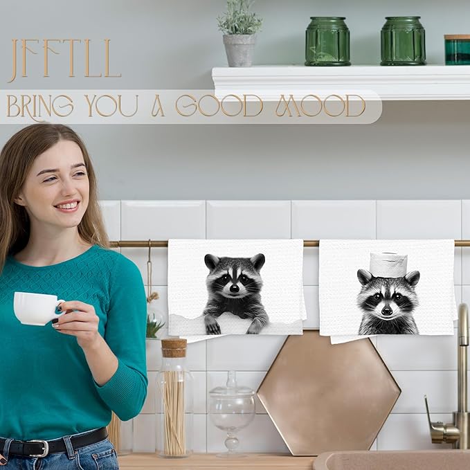 Raccoon Bathroom Decor Hand Towels, Raccoon Gifts for Women, Animal Lover Gifts, Black and White Funny Animal Hand Towels for Bathroom Washroom Restroom Decor, 16x24 Inch, Set of 4