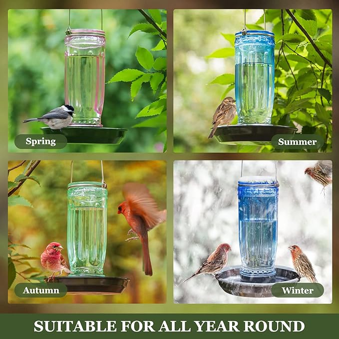 Kingsyard Glass Bird Water Dispenser for Outdoor, 16 Oz, Bird Water Feeder with Metal Hanging for Garden Yard Fence Decoration Hummingbird Cardinal Bluebird Finch, Pink