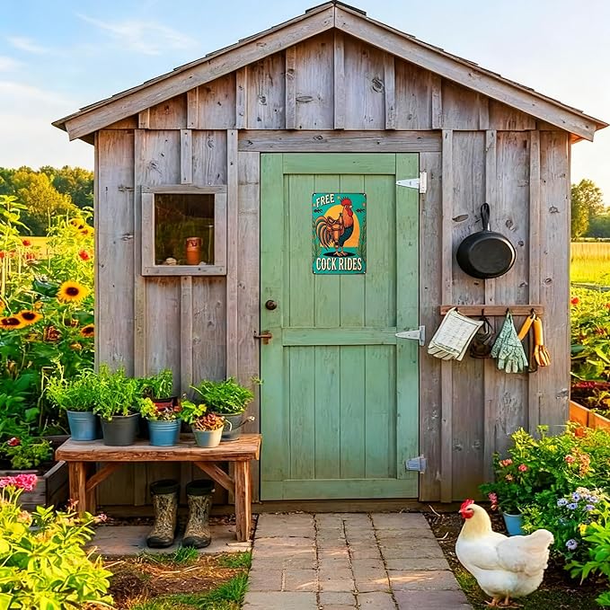 Funnysign Vintage Free Cock Rides Chicken Tin Sign for Chicken Coop Farm Kitchen Garden Yard Decor 8x12 inch (3939)