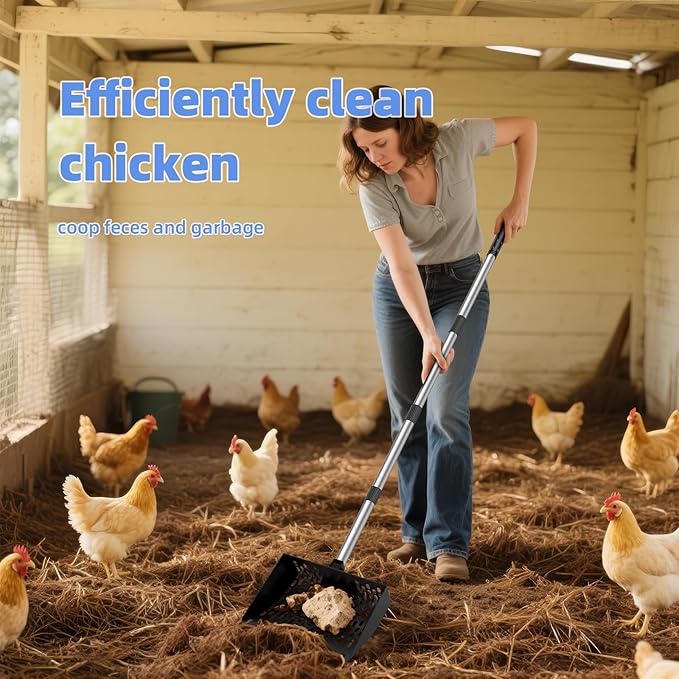 Chicken Poop Scooper & Rake 2-in-1, 4 in 1 Stainless Steel Handle Chicken Coop Pooper Shovel (23 to 62"), Suitable for Animal Sheds, Garbage Shovel with Adjustable Angle, Scooper Sand Sifting Shovel