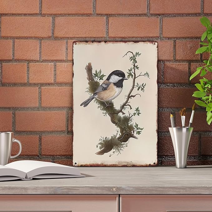 Sanwarm Metal Sign 8X12 Inch, Chickadee Bird Chickadee Retro Wildlife Vintage Tin Sign Wall Art Decor for Home, Living Room, Kitchen, Garden, Bedroom, Office, Hotel, Cafe And Pub Decoration