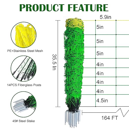 Electric Fence Netting, 35.5" x 164' Electric Poultry Netting with Fiberglass Posts and Double-Spiked Stakes, Utility Portable Mesh for Poultry in Backyards, Homesteads, Farms and Ranches
