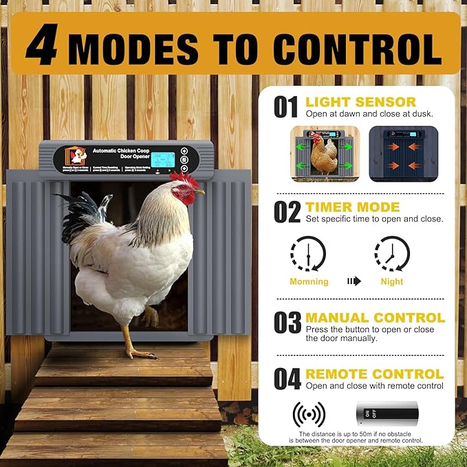 Automatic Chicken Coop Door, Extra Large Size, Anti-Pinch Design,Programmable Timer & Light Sensor Modes, Large LCD Display, Solar Powered Auto Chicken Door Opener with Remote Control (50m)