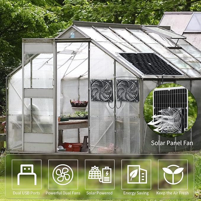 Riakrum 20W 16V Solar Panel Exhaust Fan Kit USB Portable Solar Powered Fan Summer Outdoor Waterproof Ventilator Fan for Chicken Coops, Greenhouses, Camping Exhaust (2 Sets)