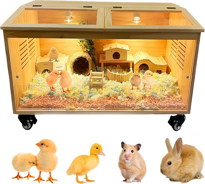 Brooder Box for Chicks Pine Wood Chicken brooder Box with Thermostat & Heating Lamp & Brake Casters， Solid Panels Chick brooder for Chicks, Ducklings, Hamsters, Guinea Pigs - Chew-Proof(32x16x16 in)