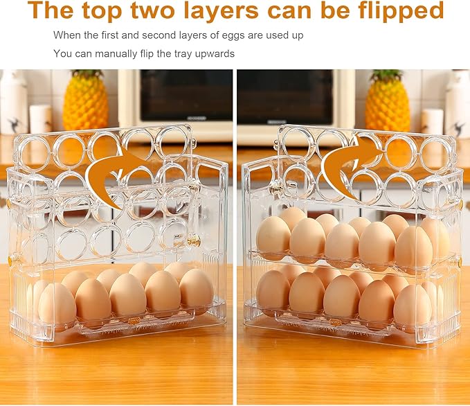 Beveetio Flippable Egg Holder For Refrigerator, Clear Acrylic Egg Storage Container For Refrigerator Side Door, Large Capacity Organizer-30 Count Capacity