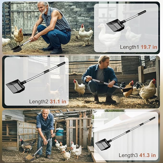 Metal Chicken Poop Scooper Heavy Duty Sifting Shovel Chicken Accessories Cleaning Tools Adjustable to 41.3" Long Handle Poop Shovel for Poultry Litter Scooper Supplies