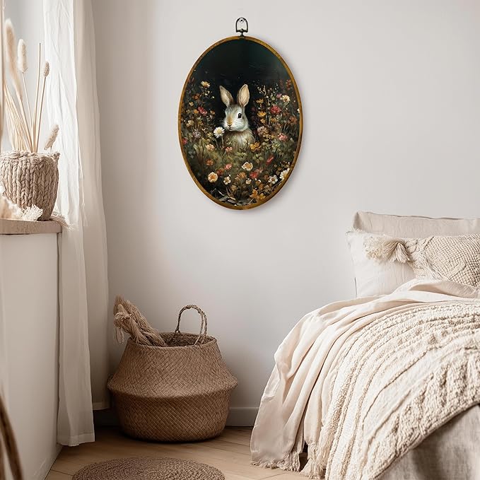 Spring Rabbit Canvas Wall Art Print, Wildflower Floral Animal Painting on High-Density Canvas with Pre-Installed Hook, 8.6 x 11.4 Inch Wall Decor for Bedroom, Living Room, Study, Gift for Art Lovers