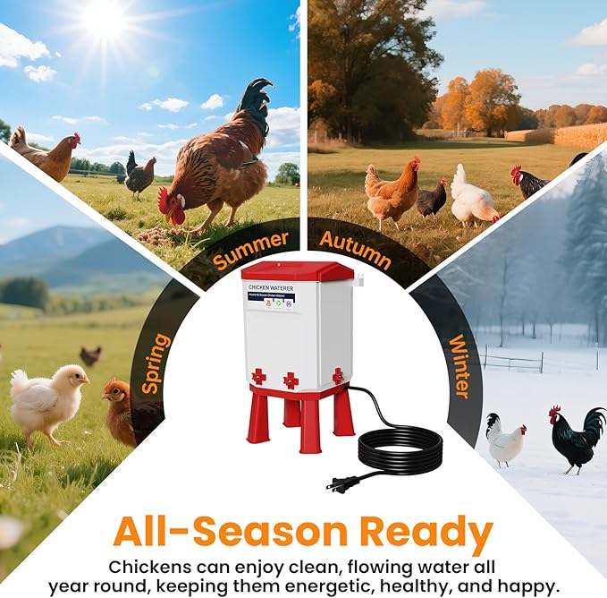 Heated Chicken Waterer 1.9 Gal, Winter, Freeze Proof Chicken Waterer, 4 Nipples for Clean Water，Detachable Legs, Adjustable Height for Chickens, Pigeons, Beaked Poultry