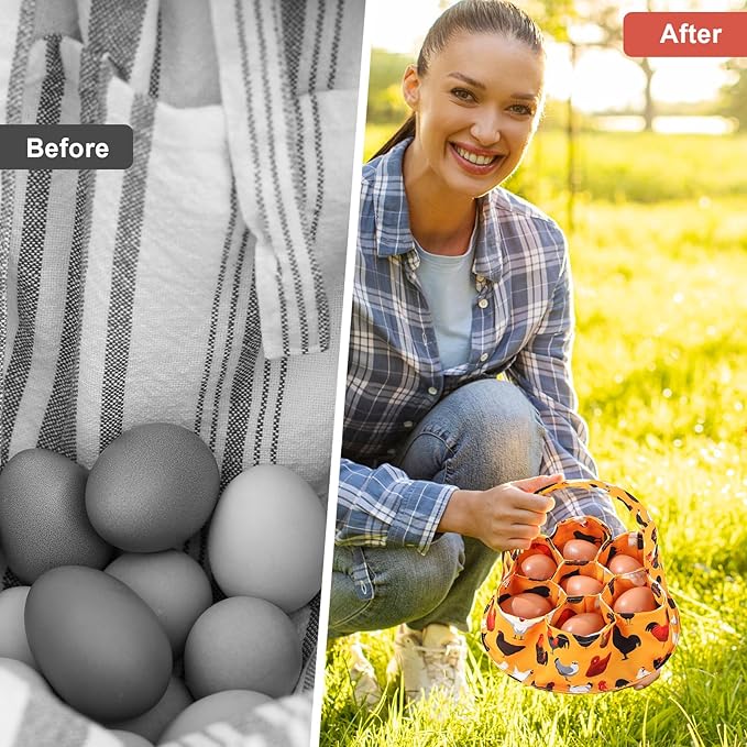 Egg Collecting Basket, Canvas Egg Basket for Gathering with 7 Pouches for Chicken, Duck, Goose, Bird, Various Poultry Collection (Black chicken)
