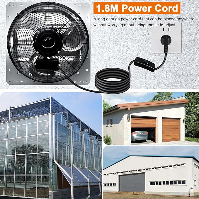 Hiorucet 16 Inch Wall Mounted Shutter Exhaust Fan with 1.8m Power Cord, 2060CFM High Speed Low Noise Aluminum Louvered Exhaust Fan for Greenhouse, Garage, Shop, Attics, Chicken Coop Ventilation Fan.