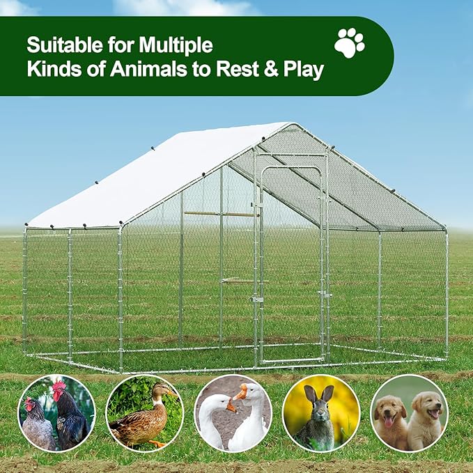 Large Metal Chicken Coop Heavy Duty Chicken Pens Outdoor with Top Walk in Poultry Cage Chicken Run Dog Kennel with Water Resident and Anti-UV Cover for Yard with Cover Duck Rabbit Cage