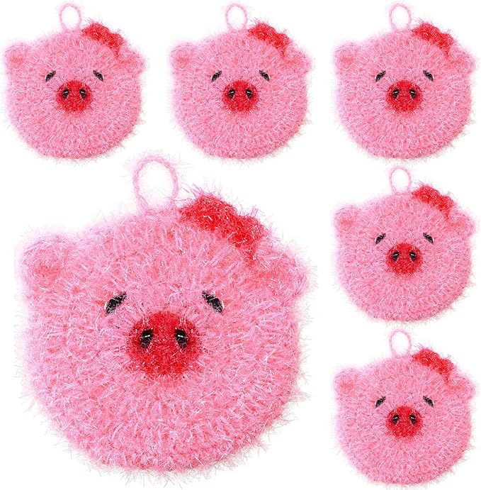 6 Piecs Cute Pig Shape Dish Sponge Dual Sided Non Scratch Pig Dish Washing Scrubbers, Reusable Household Cleaning Kitchen Tools for Dishwashing Washing Dishes Cookware