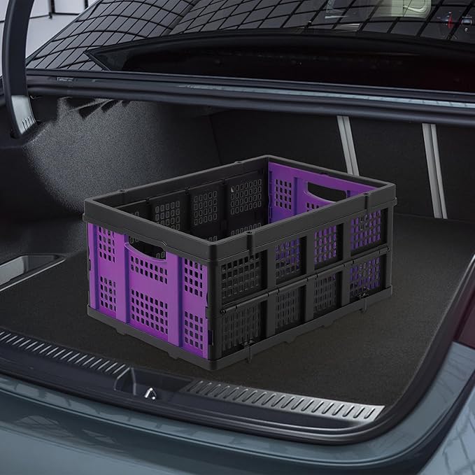 14.5 Gallon Purple Collapsible Milk Crate, Heavy-Duty Plastic Storage Container with Handles, 55 LBS Load Capacity Stackable Folding Bin for Home Office Farm Garage Basement.
