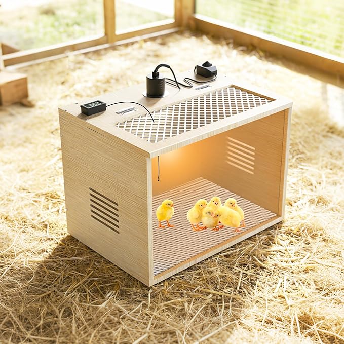 Chicken Brooder Box for Chicks Starter Kit, 16 Inch Wooden Chicken Brooder Box with 75W Heating Lamps, Thermometer and Tin Foil, Poultry Breeding Kit, for 5-7 Chicks Ducks Quail Hamsters