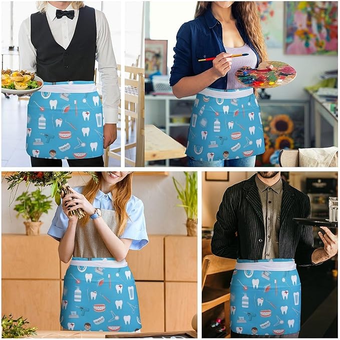 Unisex Chef Waiter Apron Waist Half Short Serving Aprons with 3 Pockets