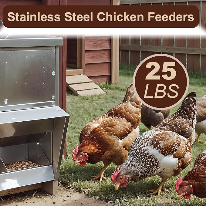 vensovo Galvanized Chicken Feeder - 25Lbs Outdoor Waterproof Metal Feeder with Lid, Coop Food Dispenser No Waste for Chicken, Haning or Stand