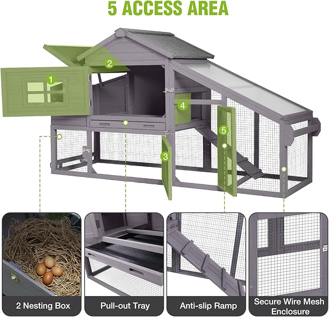 GUTINNEEN Large Chicken Coop on Wheels, Expandable Outdoor Mobile Chicken House, Hen House Poultry Cage with Nesting Box, Leakproof Pull-Out Tray & UV-Resistant Roof – Grey