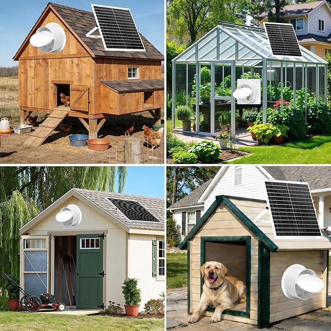 Solar Fan with Battery Day & Night Work Fans, 25W 9.8" Solar Powered Fan for Chicken Coop with 24000mAh Battery, Outdoor Waterproof Greenhouse Solar Exhaust Fan for Shed, Coop, Pet Houses, Ventilation