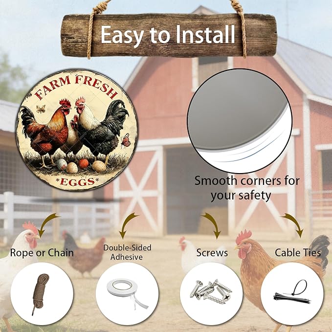 Funny Chicken Signs Farm Fresh Eggs Round Vintage Chicken Tin Sign for Coop Metal Tin Signs Poster 8 Inch