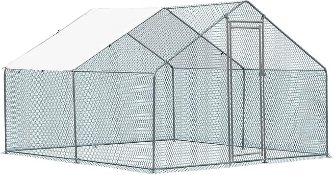 VINGLI Large Metal Chicken Coop for Chickens, Walk-in Chicken Run with Waterproof Anti-UV Cover, Heavy-Duty Chicken Pen with Security Lock for Outdoor Backyard Farm Use (9.8'Lx9.8'Wx6.5'H)