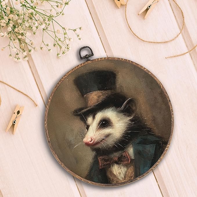 Hxlac Vintage Opossum Round Wall Art Framed, Dark Moody Opossum Round Wall Decor, Rustic Farm Animal Hanging Canvas Prints Wall Sculptures for Home Living Room Bedroom Decor, 10x10 Inch