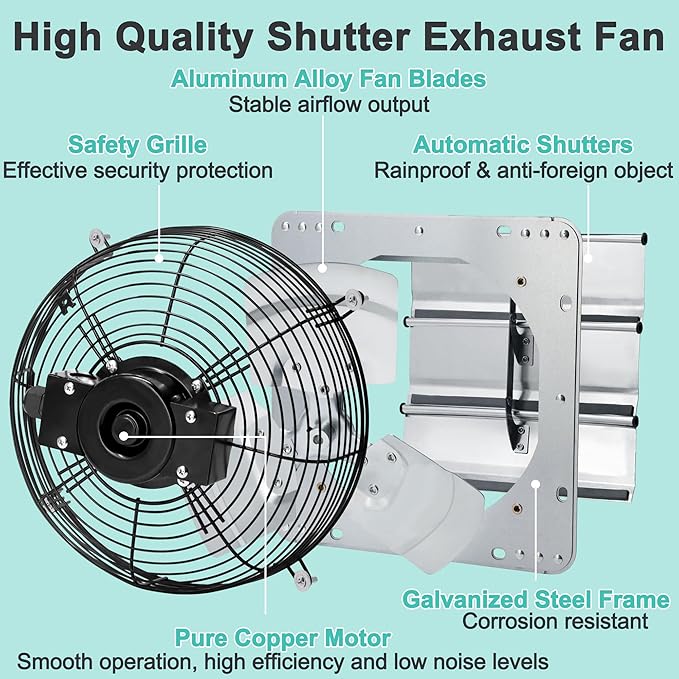 10 Inch Shutter Exhaust Fan, Wall Mount Attic Fan with Power Cord for Greenhouses, Sheds, Garages, Chicken Coops, Barns Ventilation, 820 CFM