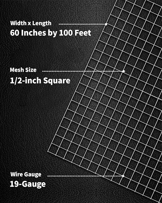 Hardware Cloth 1/2 inch Mesh 60 inch x 100 Foot 19-Gauge, Hot Dip Galvanized After Welding, Wire Mesh Roll Chicken Wire Fencing Welded Wire Fence Roll Garden Fencing