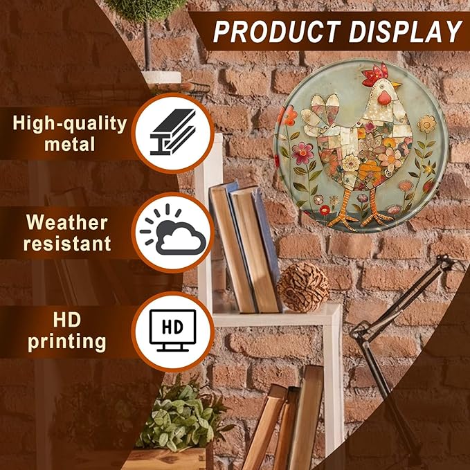 Chicken Round Metal Tin Sign Wreath Farm Flowers Rustic Vintage Wall Art Decor for Farmhouse Home Kitchen Garden Office Backyard Patio 12x12inch