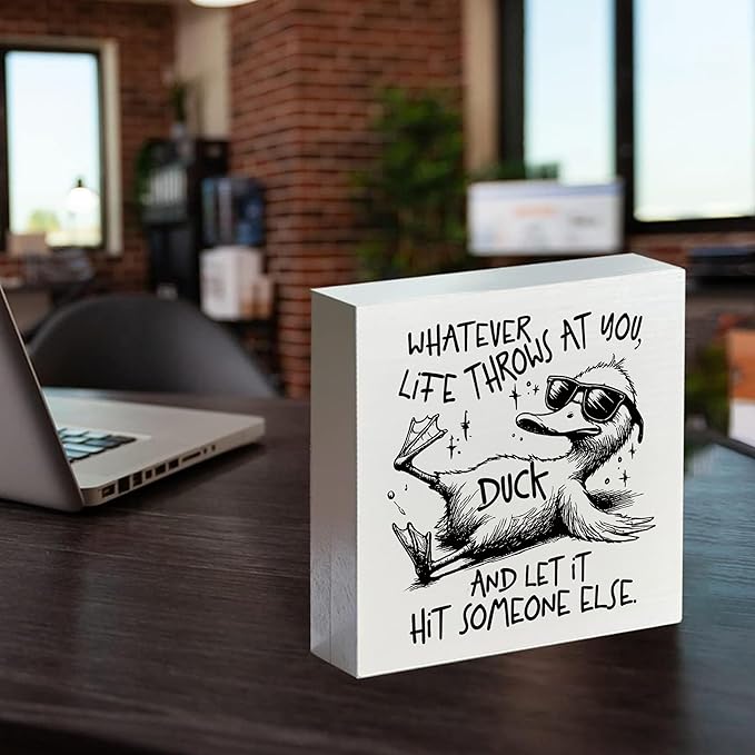 Funny Wooden Box Sign - Sarcastic Gifts for Women, Duck Decor, Funny Decorations, Retro Whatever Life Throws at You Duck Wooden Box Sign for Home Shelf Desk Office 5x5 Inch