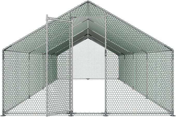 VEVOR Large Metal Chicken Coop with Run, 9.8x26.5x6.5 ft Walk-in Chicken Runs for Yard with Cover, Spire Roof Hen House with Security Lock for Outdoor and Backyard, Farm, Duck Rabbit Cage Poultry Pen