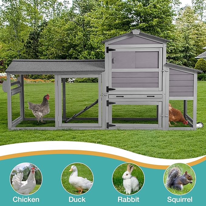 Chicken Coop, Mobile Chicken House with Wheels, Outdoor Hen House Poultry Cage with Nesting Box, Leakproof Pull Out Tray and UV-Resistant Roof (78.9" L x 26.6" W x 42.5" H)