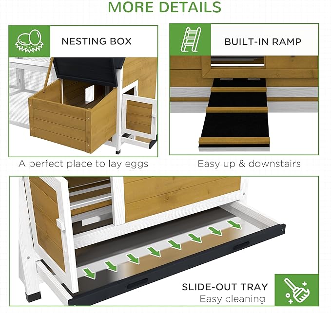 PawHut 65" Chicken Coop Wooden with Detachable Run, Outdoor Chicken House Poultry Cage Hen with Nesting Box, Removable Tray, Roosting Bars, Ramp, for Garden Backyard, Natural
