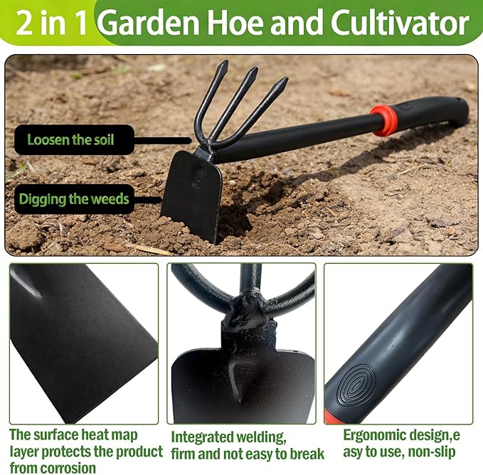 Hoe and Cultivator Garden Rake, Hoe & Sturdy 3 Claw Tiller, 2-in-1 Gardening Hand Tools for Digging