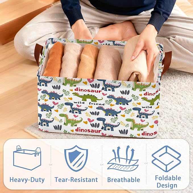 Cute Dinosaur Storage Basket,Fern Plant Collapsible Storage Bin Cubes for Living Room Bedroom Blankets Home Storage 17x11.5x10Inch