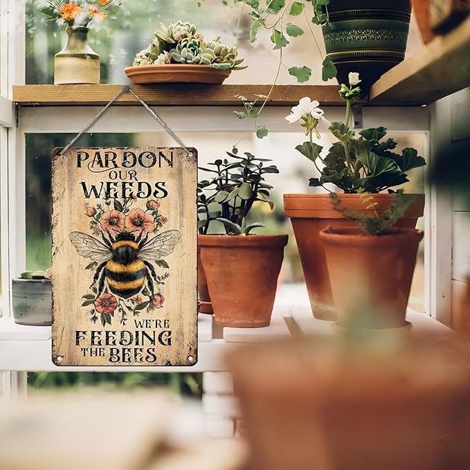 PEACHGARDEN Vintage Garden Decor Patio Outdoor Wall Decor Pardon The Weeds We Are Feeding The Bees Wildflowers Metal Sign Summer Garden Decor Yard Sign Outdoor Decor 8x12inch