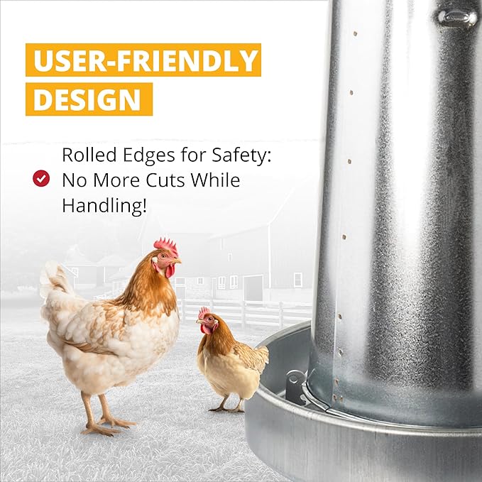 Stromberg's Metal Hanging Poultry Feeder, Galvanized Heavy Duty Steel, Holds 44 lbs, Rolled Edges for Safety, Secure Feed Flow Lock, Versatile Use Free Standing or Hanging