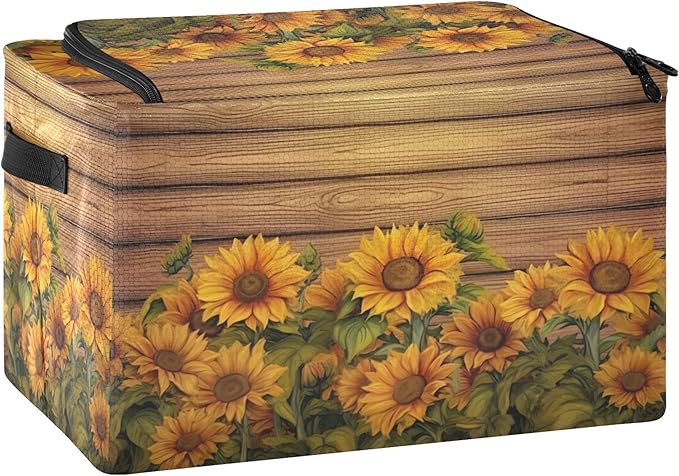 xigua Wood Grain Sunflower Clothes Storage Bins with Hold Shape Metal Frame, 2 Opening Ways Foldable Clothes Organizer Box with Clear Window & Handles for Seasonal Clothing
