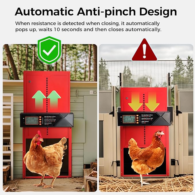 Automatic Chicken Coop Door Solar Powered, 4 Modes Automatic Chicken Door with Timer & Light Sensor, 7W Solar Charging Panel, Waterproof Aluminum Alloy Chicken Door with LED Screen (Red)