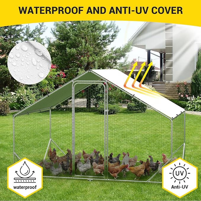 GarveeLife Large Chicken Coop, Metal Chicken Run with Anti-Ultraviolet Waterproof Cover, Spire Roof Walk in Poultry Cage, Outdoor Chicken Pen for Backyard and Farm Use, 9.8 ft x 6.5 ft x 6.5 ft