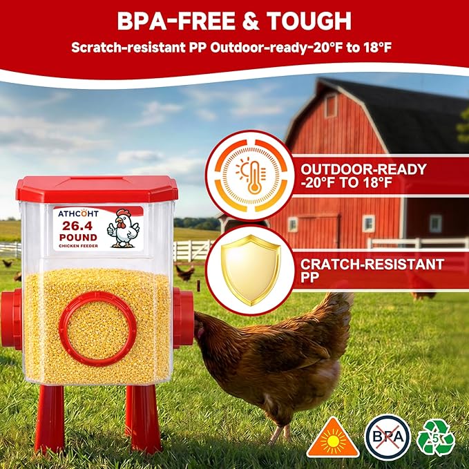 Large Chicken Feeder and Waterer Set 3.1 Gallon/26.4 Pounds, Automatic Chicken Waterer with 4 Cups & 3 Feeder Ports No Waste Poultry Feeders & Waterers, Chicken Coop Accessories for Hens/Poult