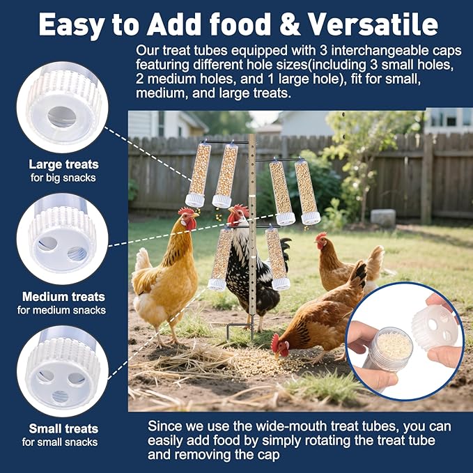 Upgraded Chicken Treat Dispenser, Adjustable Indoor/Outdoor Ground Pole&3 Support Rods, 6 Clear Treat Tubes with Different Types, Easy to Install&Add Food, Fits for Small, Medium&Large Treats