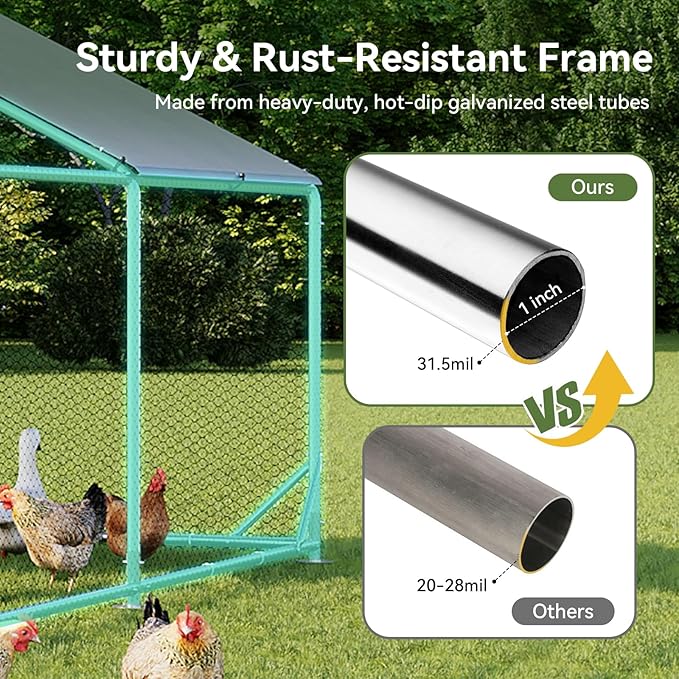 Aoxun Large Metal Chicken Coop, Outdoor Chicken Runs for Yard with Cover, Spire Roof Hen House Enclosure with Security Lock, Walk-in Cage Peak Hen House for Yard Farm (10x20x6.4 FT)