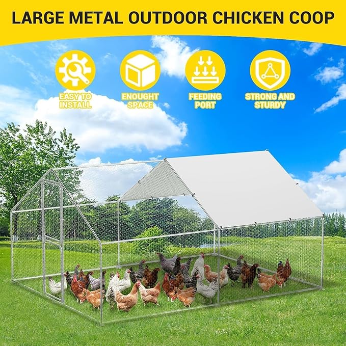 Large Metal Chicken Coop, Walk-in Poultry Cage, Chicken Run Pen House with Waterproof & Anti-Ultraviolet Cover Chicken Coop Run with Double Lockable Doors for Outdoor and Backyard 9.8 x 13.1X 6.6ft