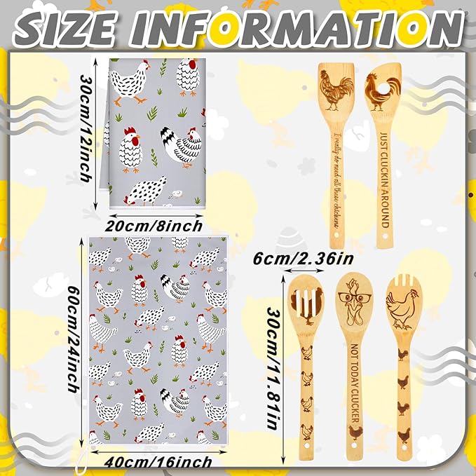 9 Pcs Farmhouse Kitchen Decor Set 4 Kitchen Towels and 5 Wooden Spoons Dish Hand Tea Towels for Housewarming Gifts Christmas Cooking Home Accessories(Rooster)